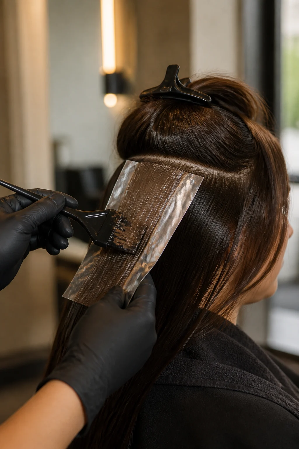 Professionelle Haarcoloration mit sauber abgeteilten Haarpartien und Colorationspinsel