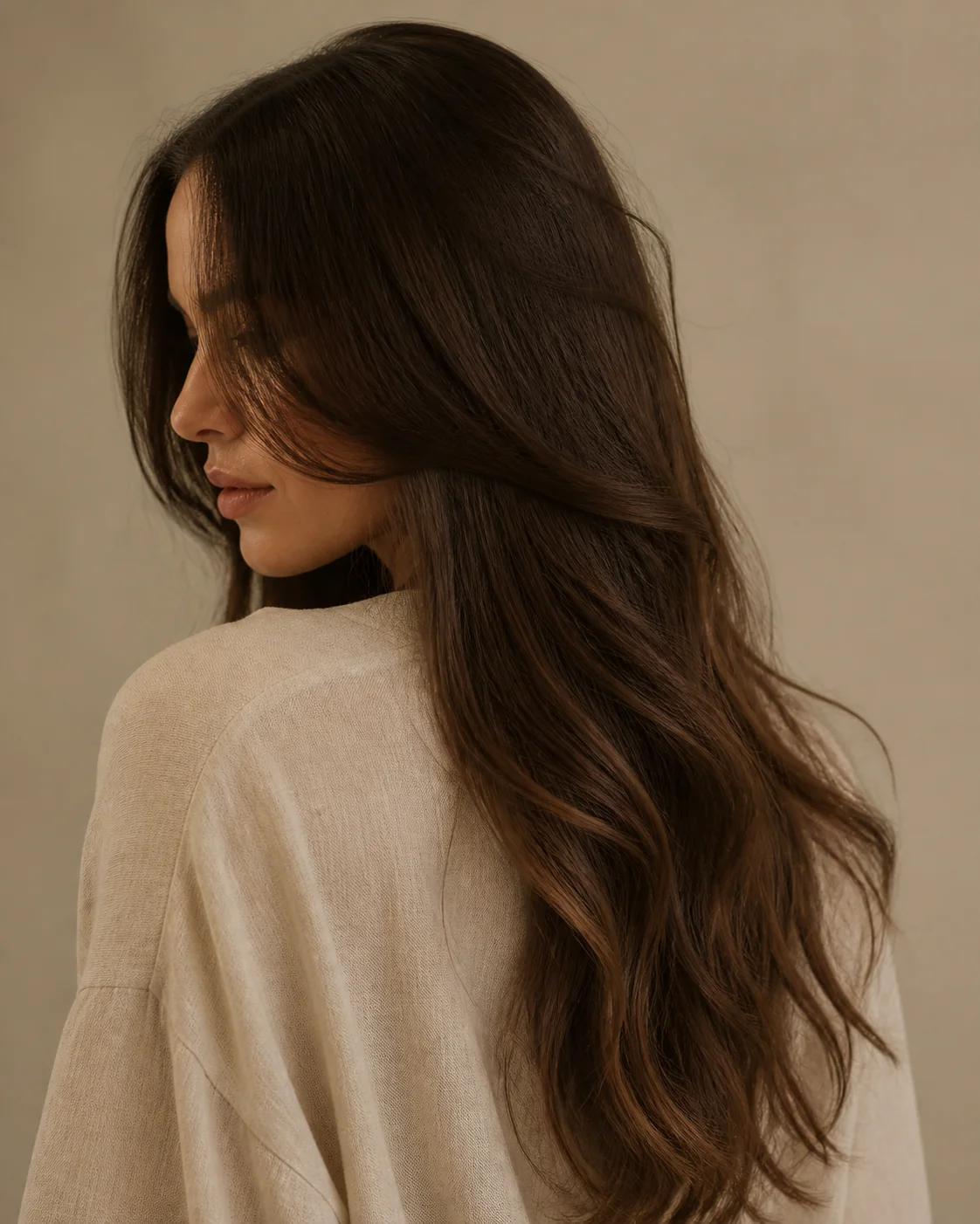 Modern gestyltes langes braunes Haar mit natürlichen Wellen