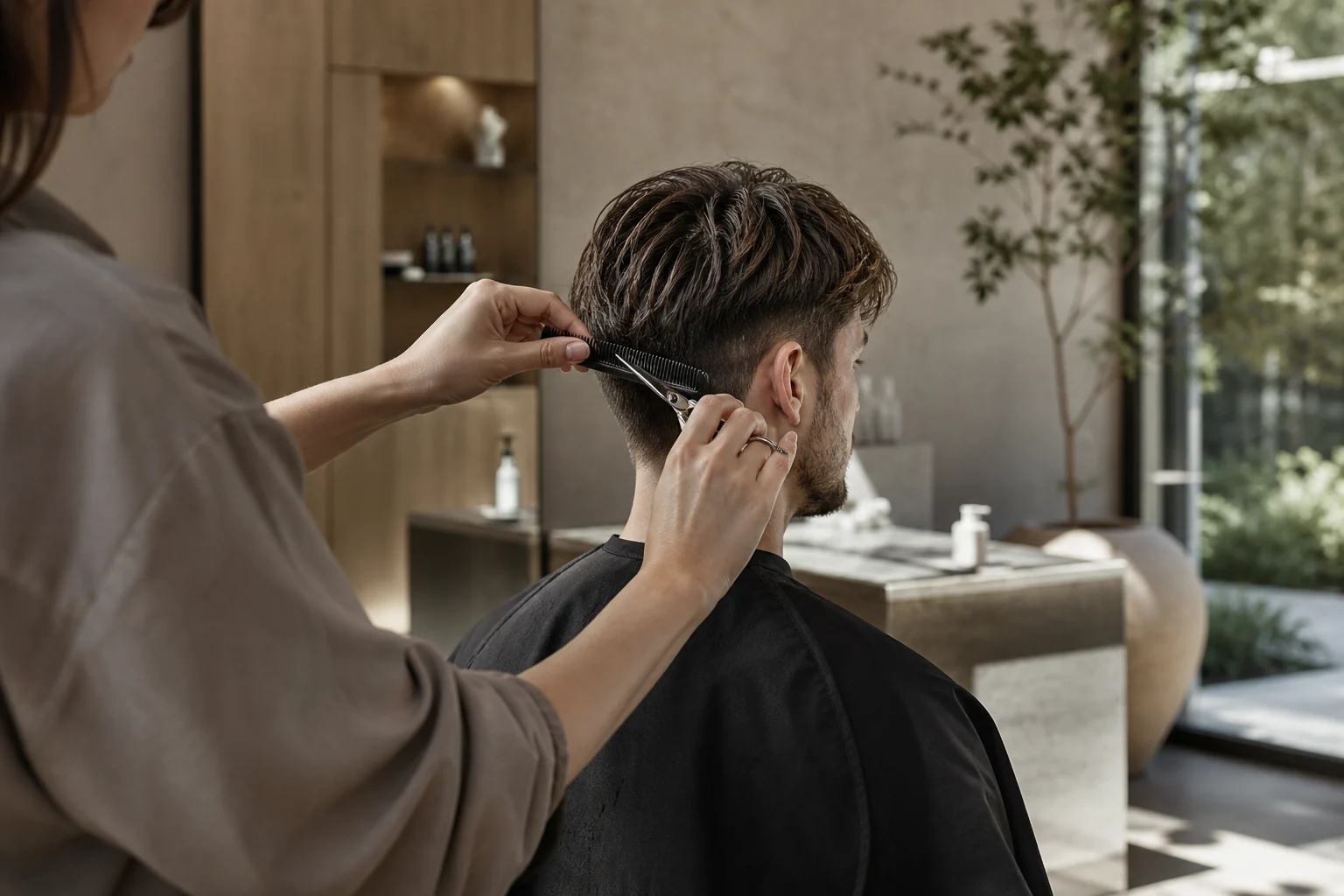 Stylistin arbeitet präzise an einem modernen Herrenhaarschnitt