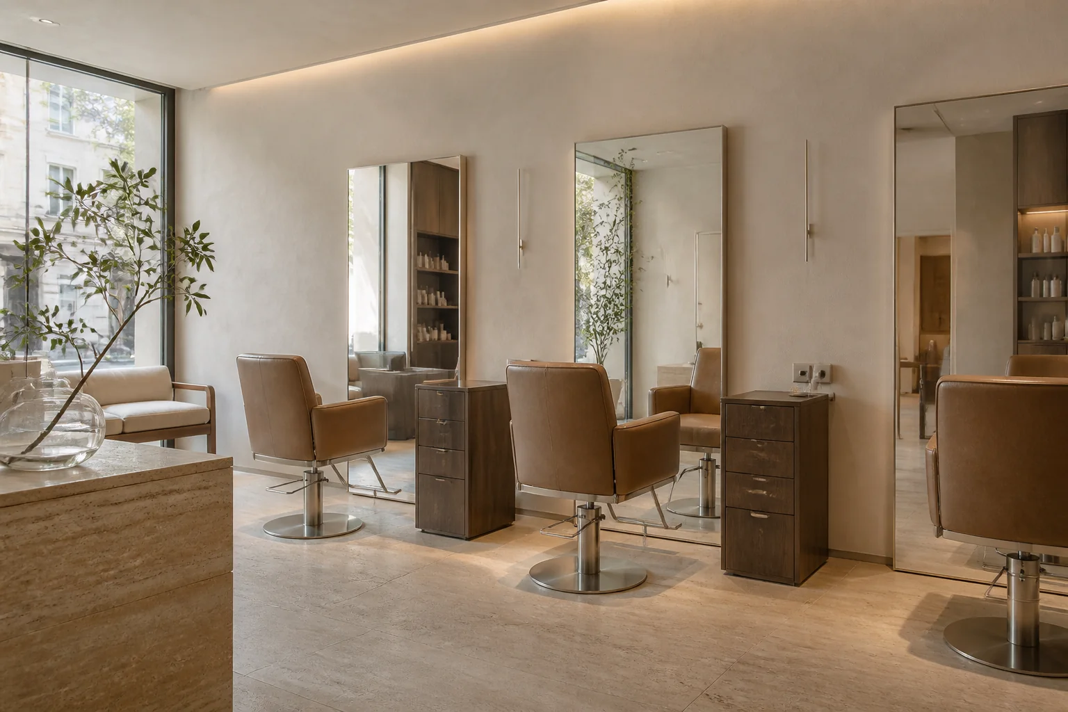Heller moderner Friseursalon mit Naturmaterialien und ruhiger Atmosphäre