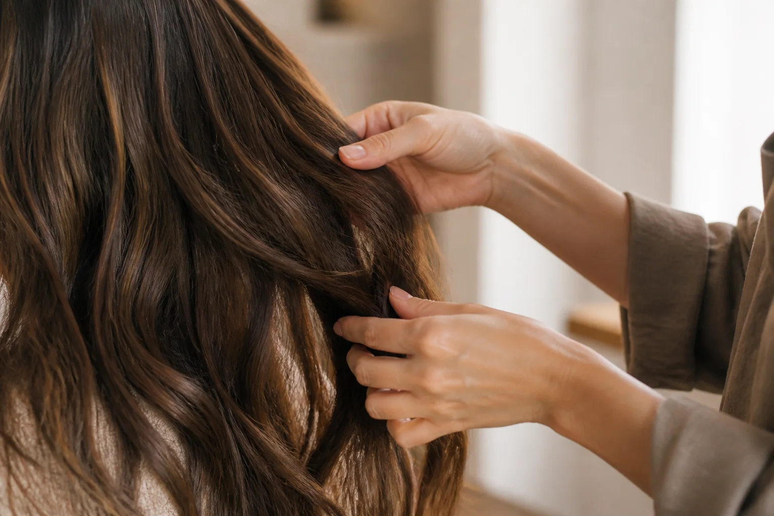Professionelle Hände beim Styling von langem gewelltem Haar